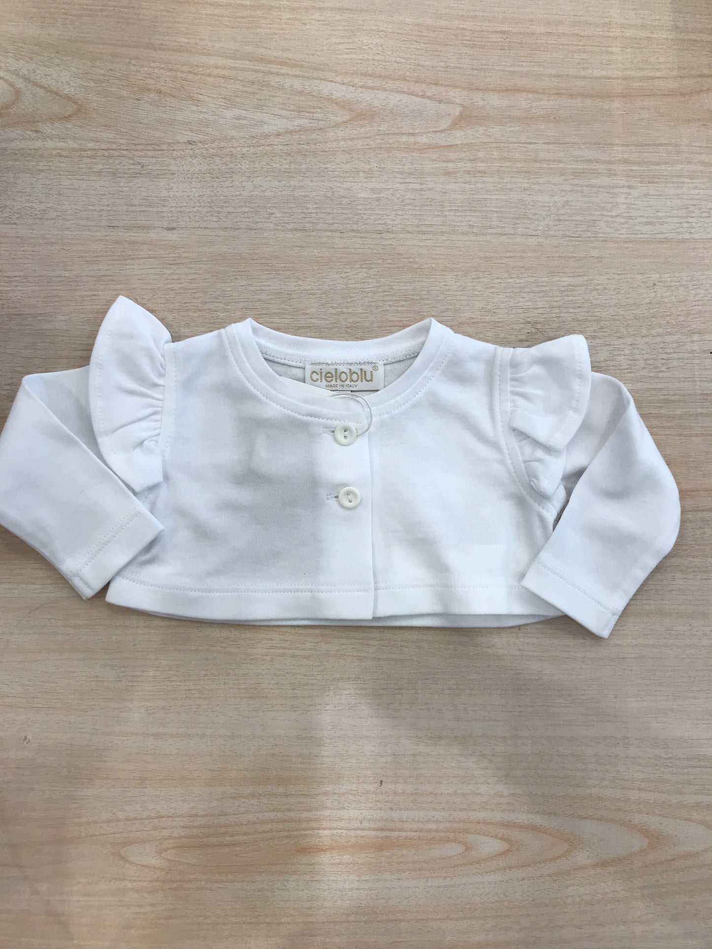Cardigan Cielo Blu in cotone bianco con rusche e bottoncini