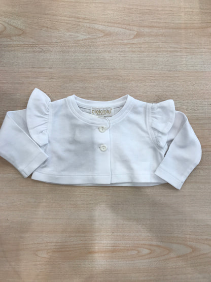 Cardigan Cielo Blu in cotone bianco con rusche e bottoncini