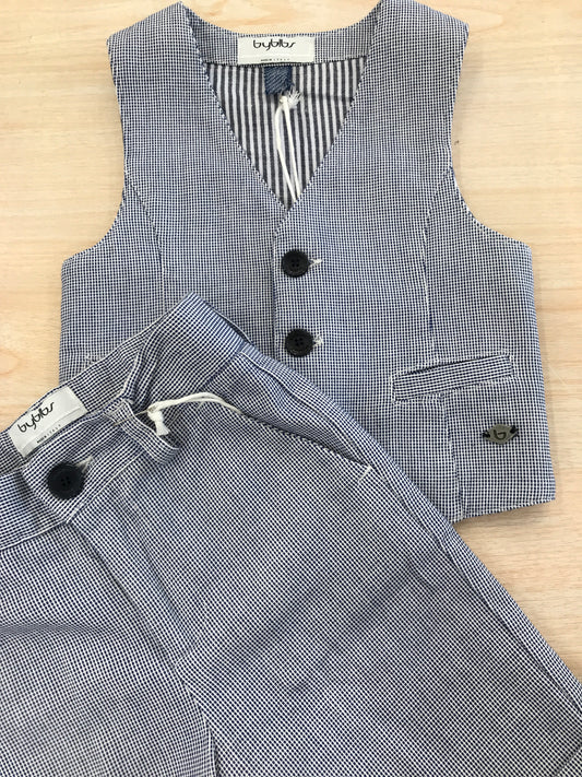 Completo Byblos gilet con bermuda a righe bianche e blu con tasche e bottoncini