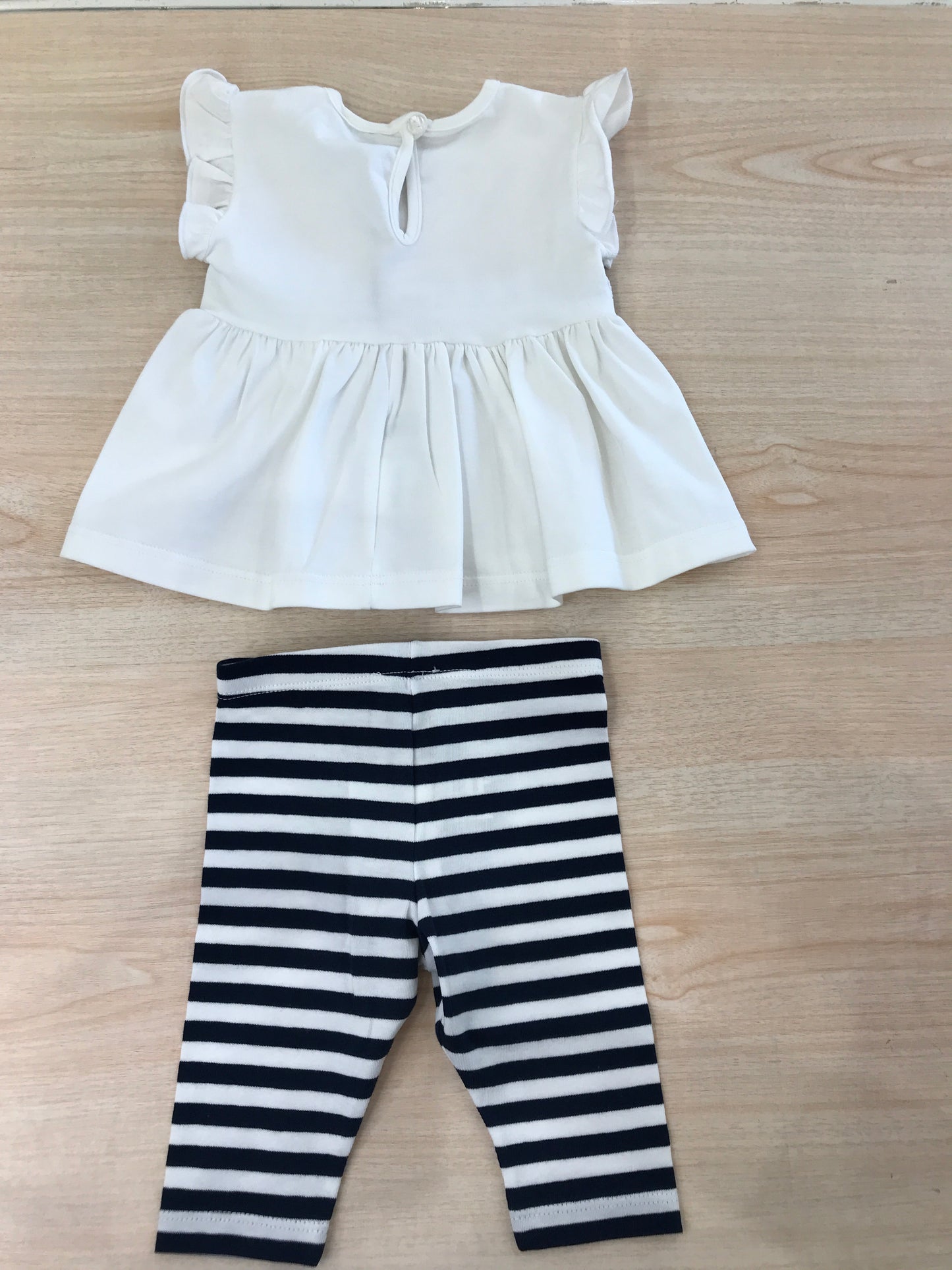Completo Jo Milano in cotone leggins bianco e blu a righe con t-shirt smanicato con rusche con fascia in vita a righe