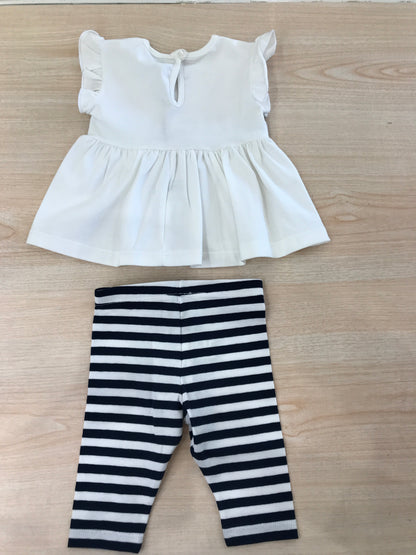 Completo Jo Milano in cotone leggins bianco e blu a righe con t-shirt smanicato con rusche con fascia in vita a righe