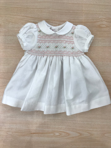 Abito Les Enfants de Gisele in cotone mella mezza manica a sbuffo con colletto tondo bianco con corpetto lavorato da punto smock rosa e verde con fiori ricamati