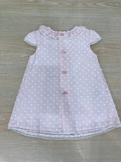 Abito Paz Rodriguez in cotone rosa smanicato con collo con rusche con fiocchetti bianchi