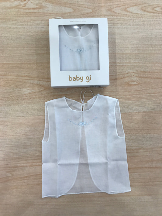 Camicino Baby gi in cotone bianco smanicato con pois e fiocchetto celeste ricamato al centro sul davanti