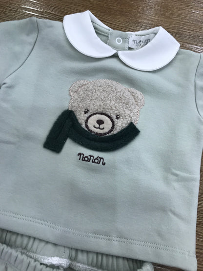 Tutina Nanan in caldo cotone due pezzi verde menta con orsetto peloso sul davanti