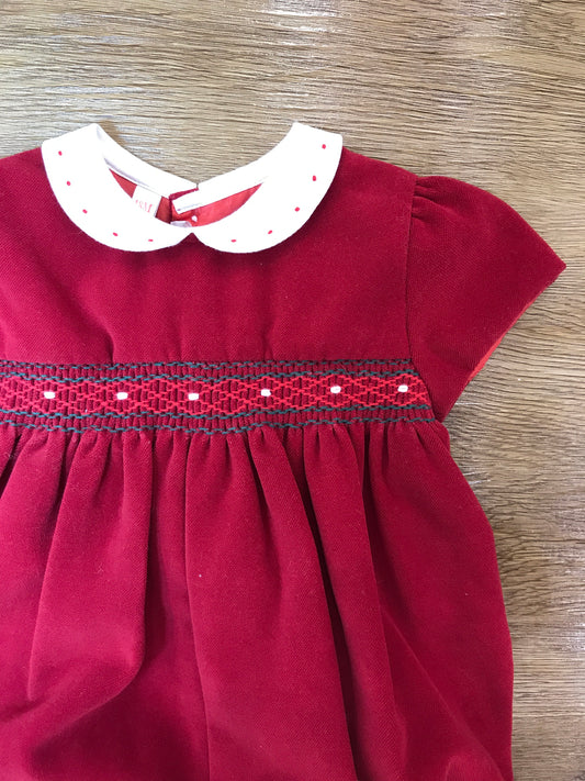 Pagliaccetto Les Enfants de Gisele in velluto rosso mezza manica colletto bianco con pois rossi e punto smock ricamato al centro