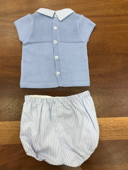 Completo PCS in filo celeste due pezzi mezza manica colletto a righe con pois ricamati sul davanti culotte a righe abbinata