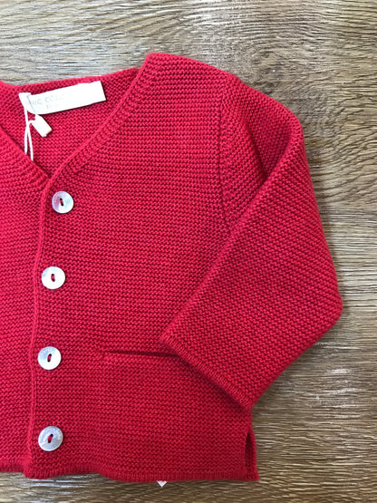 Cardigan Laranjinha in lana rosso con taschine e piccoli bottoncini