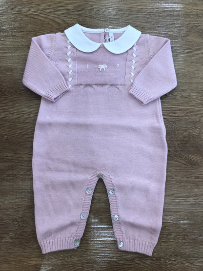 Tutina Baby Lord intera in lana rosa antico con fiocchetto ricamato sul davanti