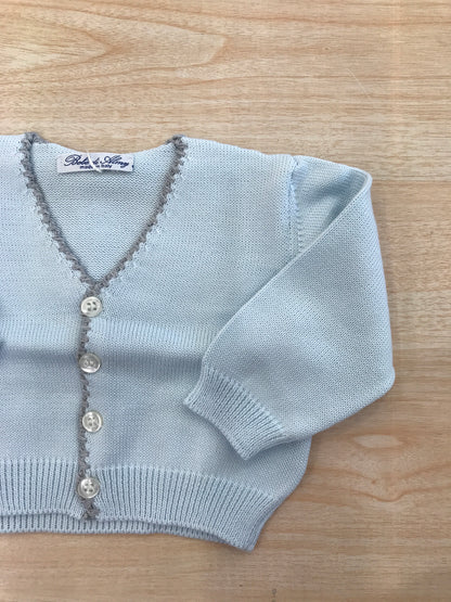 Cardigan Bebè di Almy in filo celeste con rifiniture grigie