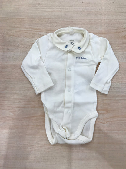 Body Petit Bateau in cotone manica lunga panna con barche ricamate sul colletto