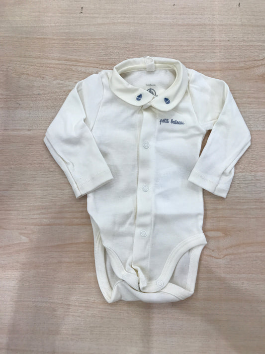 Body Petit Bateau in cotone manica lunga panna con barche ricamate sul colletto