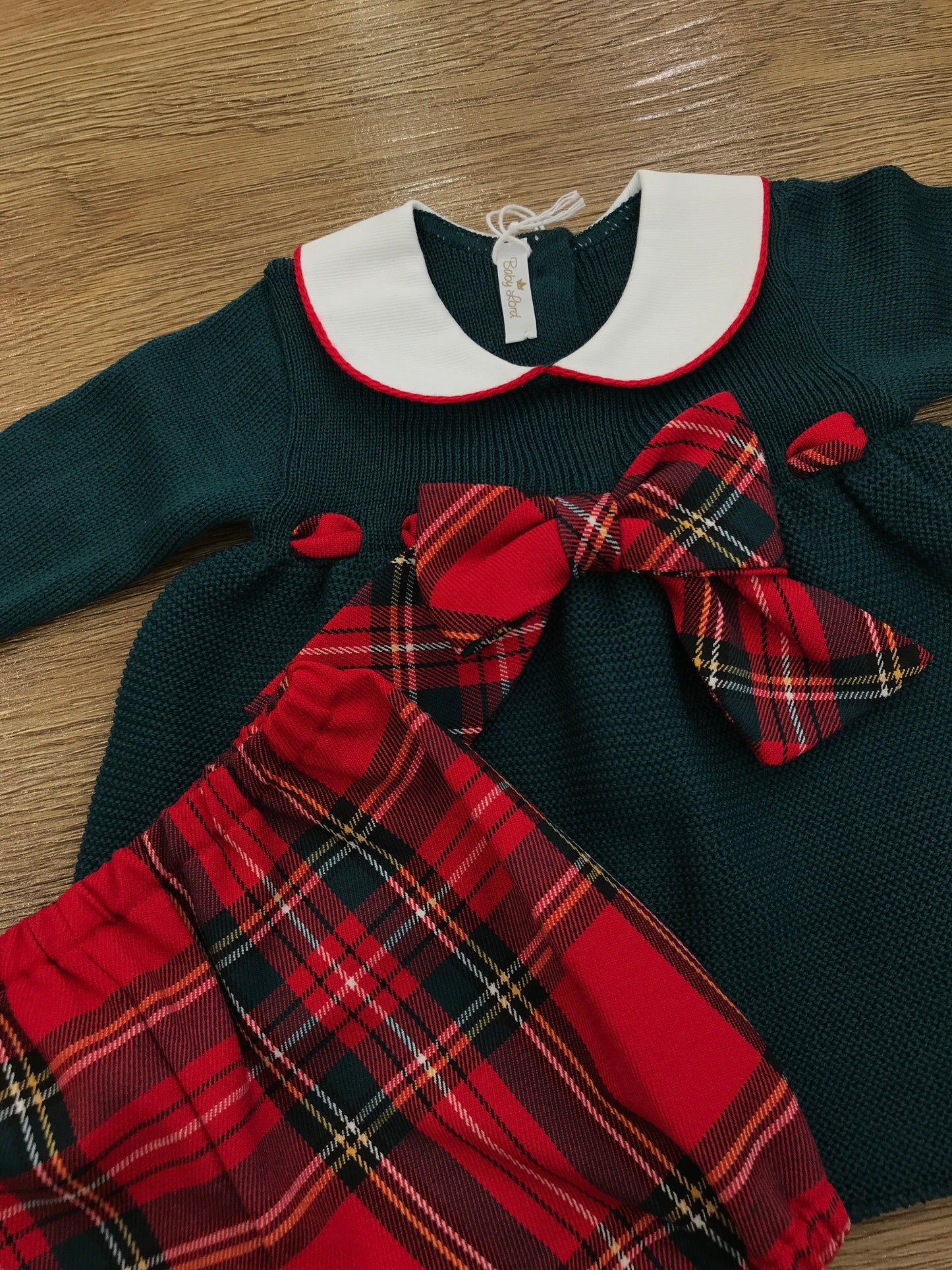 Completo Baby Lord in lana due pezzi verde scuro con fiocco scozzese e culotte