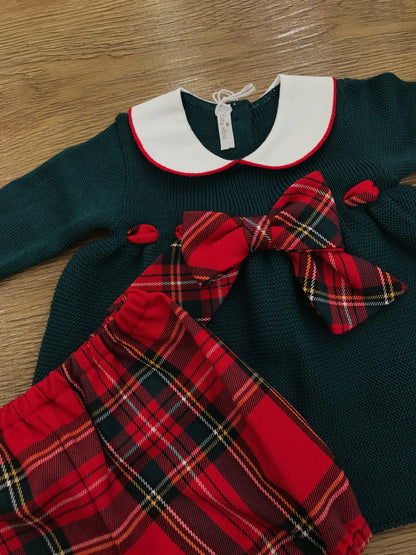 Completo Baby Lord in lana due pezzi verde scuro con fiocco scozzese e culotte