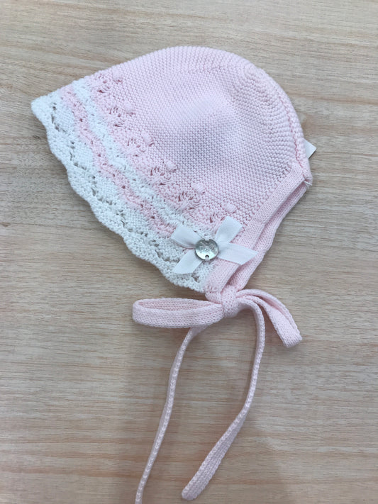 Cuffia Paz Rodriguez in filo rosa con pois in rilievo ricami bianchi e rosa