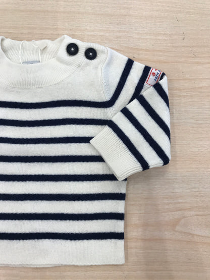 Maglioncino Petit Bateu in lana panna a righe blu scuro con due bottoncini laterali
