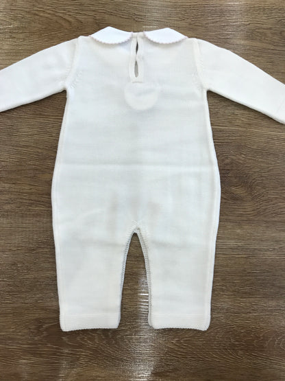 Tutina Baby Lord in lana panna intera con roselline rosa e fiocchetto sul corpetto