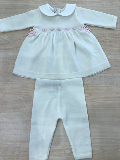 Tutina Baby Lord in lana due pezzi panna con roselline ricamate a mano rosa con colletto rifinito rosa