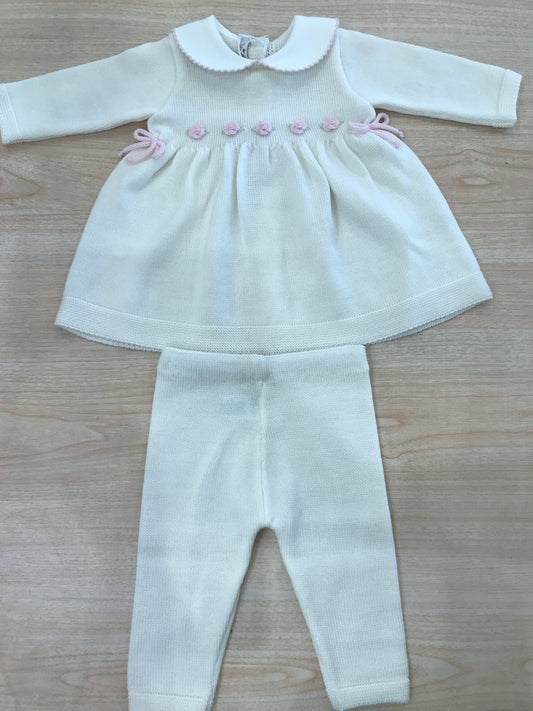 Tutina Baby Lord in lana due pezzi panna con roselline ricamate a mano rosa con colletto rifinito rosa