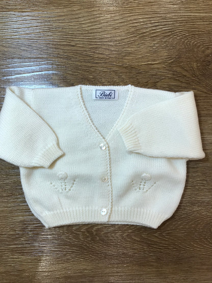 Cardigan Biebi in lana panna con piccoli bottoncini con ricamo sul davanti