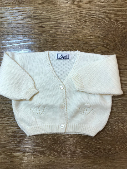 Cardigan Biebi in lana panna con piccoli bottoncini con ricamo sul davanti