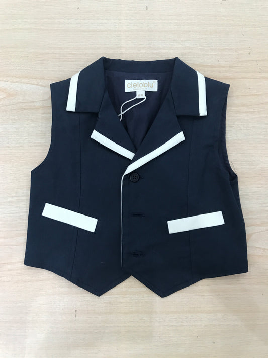 Gilet Cielo Blu di cotone blu scuro con profilo bianco e tasche sul davanti