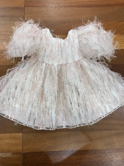 Abito a'lapage con maniche a sbuffo gonna ampia ricoperto di piume e strass in organza di bamboo