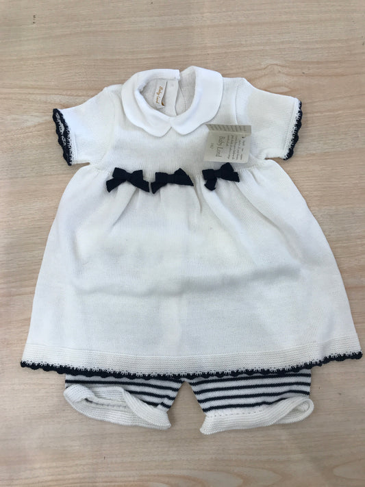Completo Baby Lord in filo due pezzi mezza manica con rifiniture blu e fiocchetti con pantalone a righe