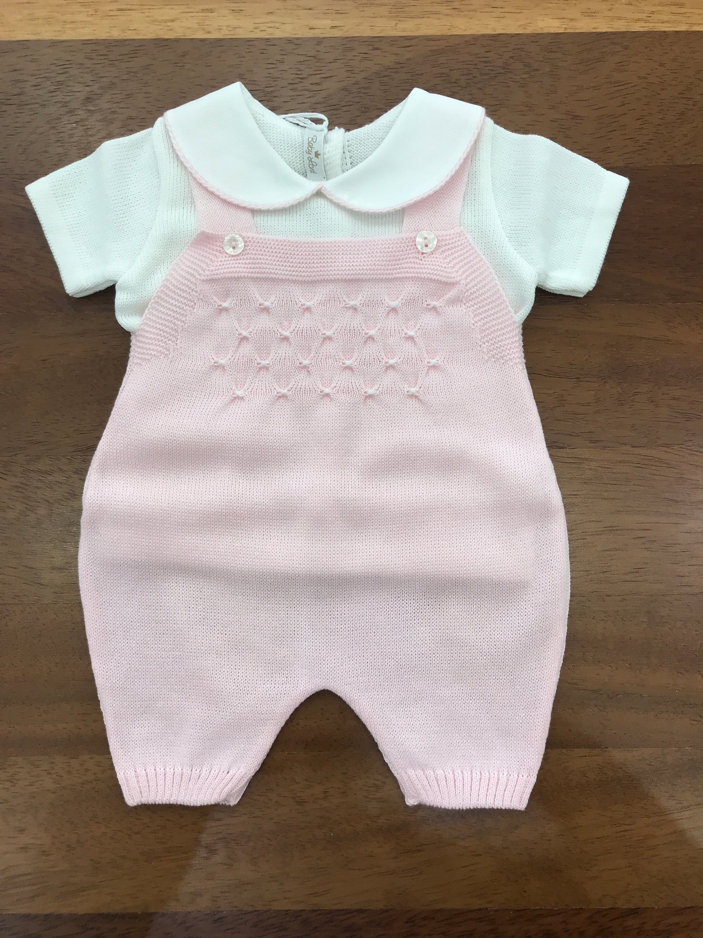 Salopette e Maglietta Baby Lord in filo rosa e bianco mezza manica con punto smock bianco