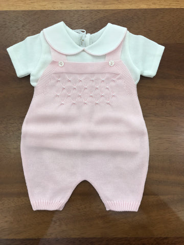Salopette e Maglietta Baby Lord in filo rosa e bianco mezza manica con punto smock bianco