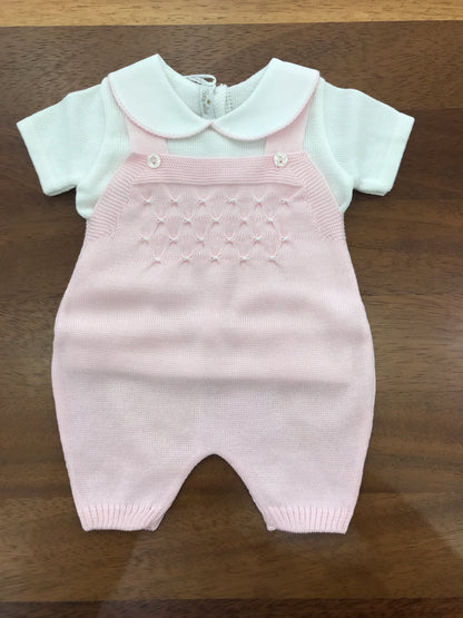 Salopette e Maglietta Baby Lord in filo rosa e bianco mezza manica con punto smock bianco