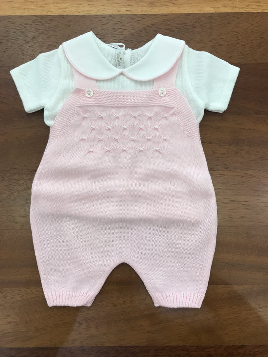 Salopette e Maglietta Baby Lord in filo rosa e bianco mezza manica con punto smock bianco