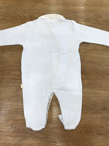 Tutina Baby Gi in cotone celeste aperta sul davanti con applicazione in pizzo