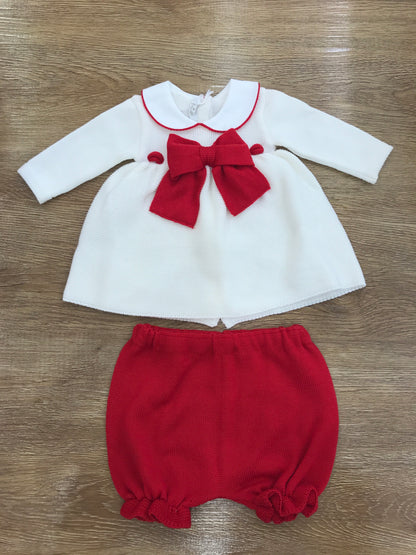 Completo Baby Lord in lana due pezzi panna con fiocco rosso e culotte rossa