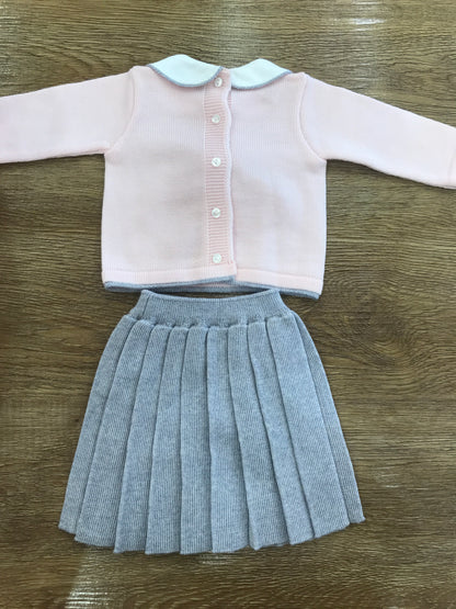 Tutina Baby Lord in lana due pezzi rosa con fiocco grigio gonna grigia plissettata