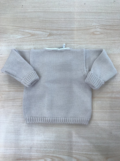 Cardigan Colibrì in filo tortora manica lunga con rifiniture bianche doppiopetto con taschino laterale