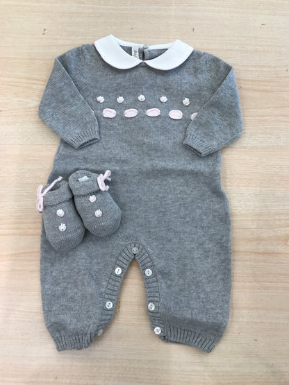 Tutina Baby Lord in filo manica lunga gamba lunga grigia con passanastro e fiori rosa