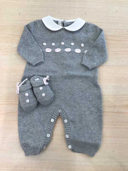 Tutina Baby Lord in filo manica lunga gamba lunga grigia con passanastro e fiori rosa