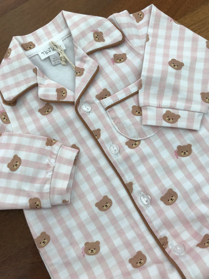 Tutina Nanan in cotone manica lunga gamba lunga a quadretti bianchi e rosa con piccoli orsetti