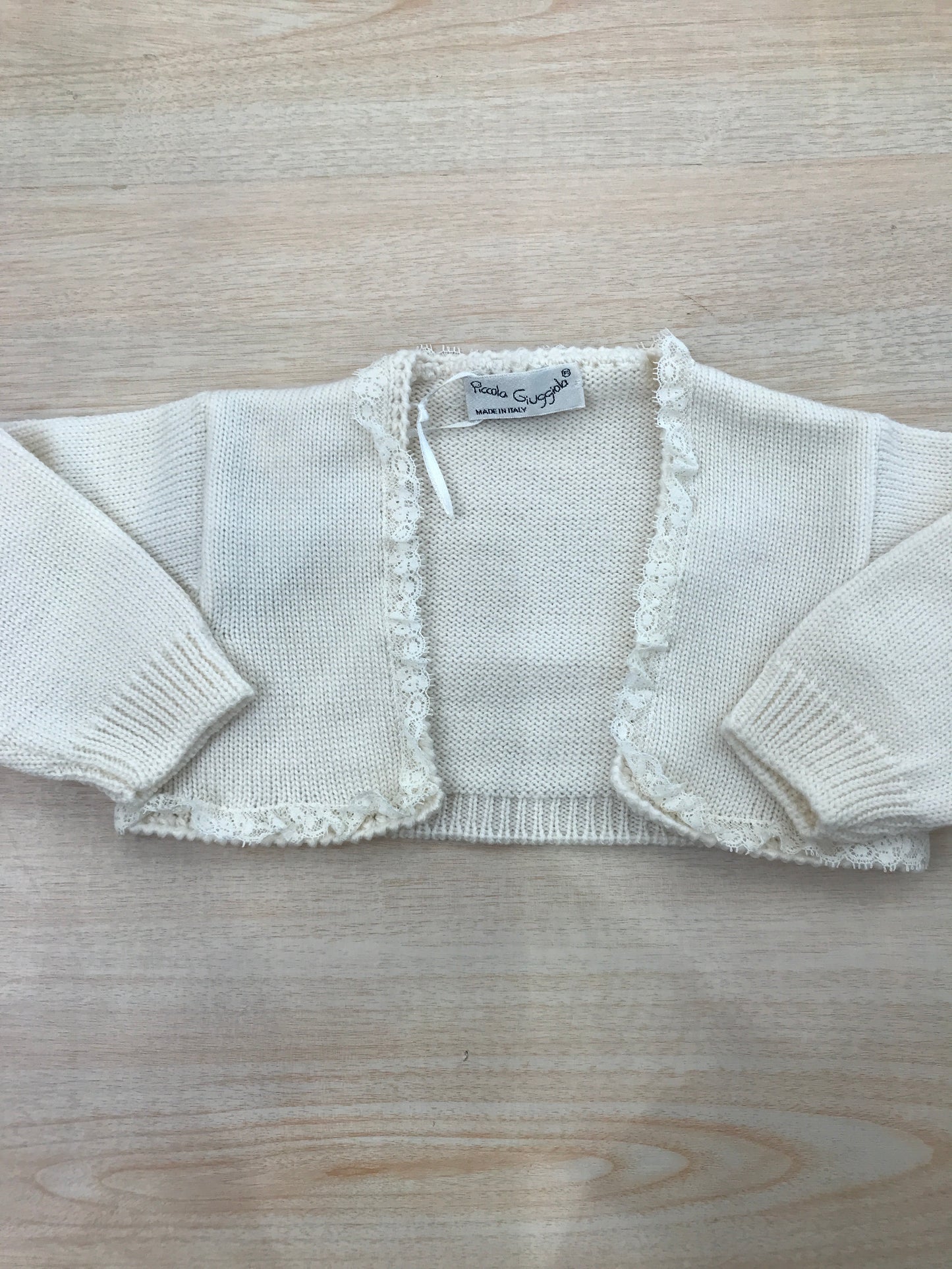 Cardigan Piccola Giuggiola in lana panna con valancienne al bordo