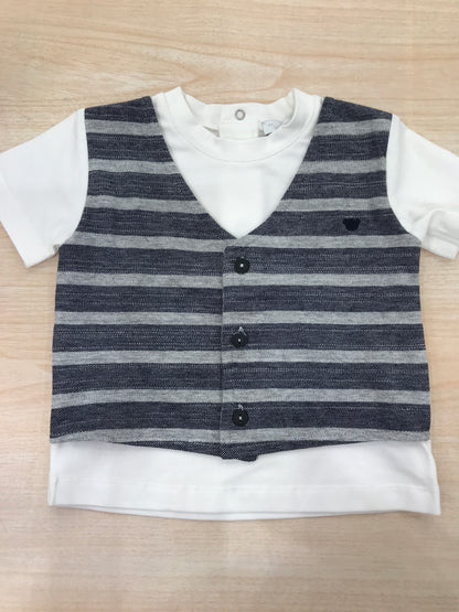 T-shirt Nanan mezza manica bianca in cotone con finto gilet blu e grigio a righe