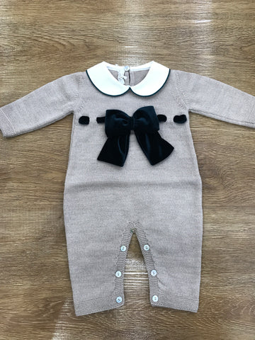 Tutina Baby Lord in lana intera tortora con passanastro e fiocco in velluto verde