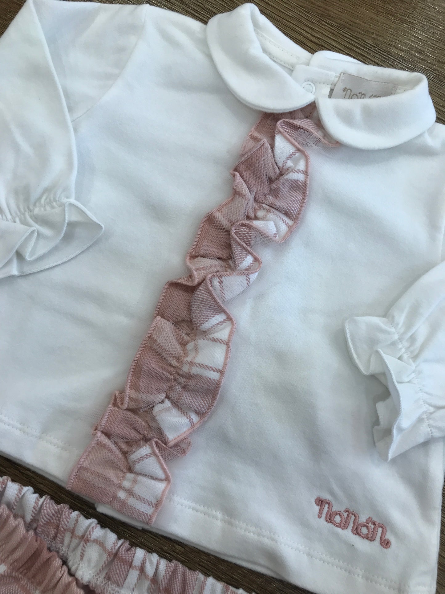Tutina Nanan due pezzi caldo cotone a quadretti rosa e bianchi con rusche centrale