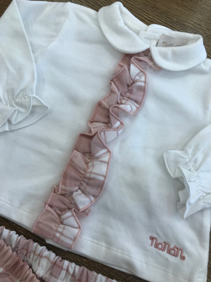 Tutina Nanan due pezzi caldo cotone a quadretti rosa e bianchi con rusche centrale