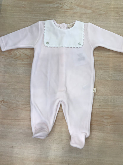 Tutina Baby Gi in ciniglia rosa intera con collo quadrato smerlato effetto bavetta