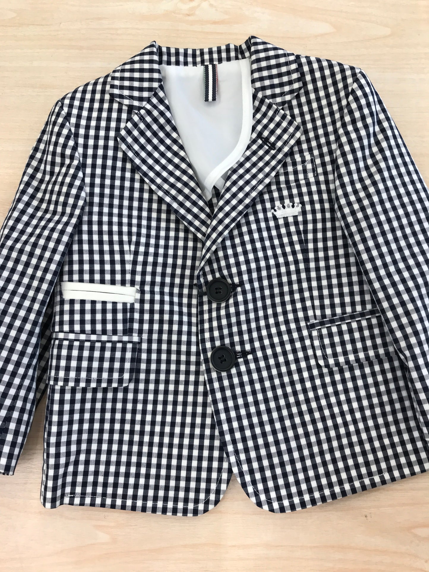 Giacca Sweet Baron a quadretti blu scuro e bianco con tasche sul davanti