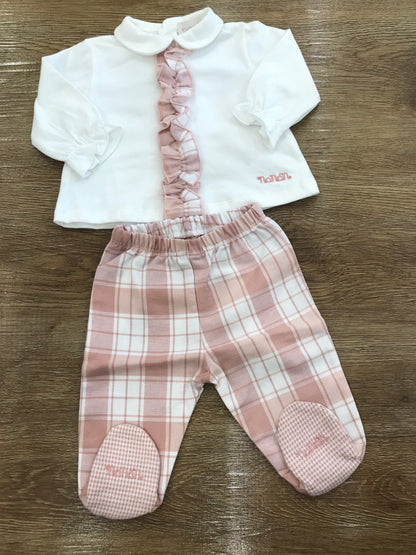 Tutina Nanan due pezzi caldo cotone a quadretti rosa e bianchi con rusche centrale