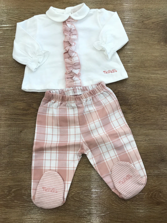 Tutina Nanan due pezzi caldo cotone a quadretti rosa e bianchi con rusche centrale