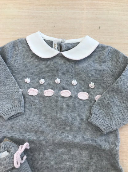 Tutina Baby Lord in filo manica lunga gamba lunga grigia con passanastro e fiori rosa