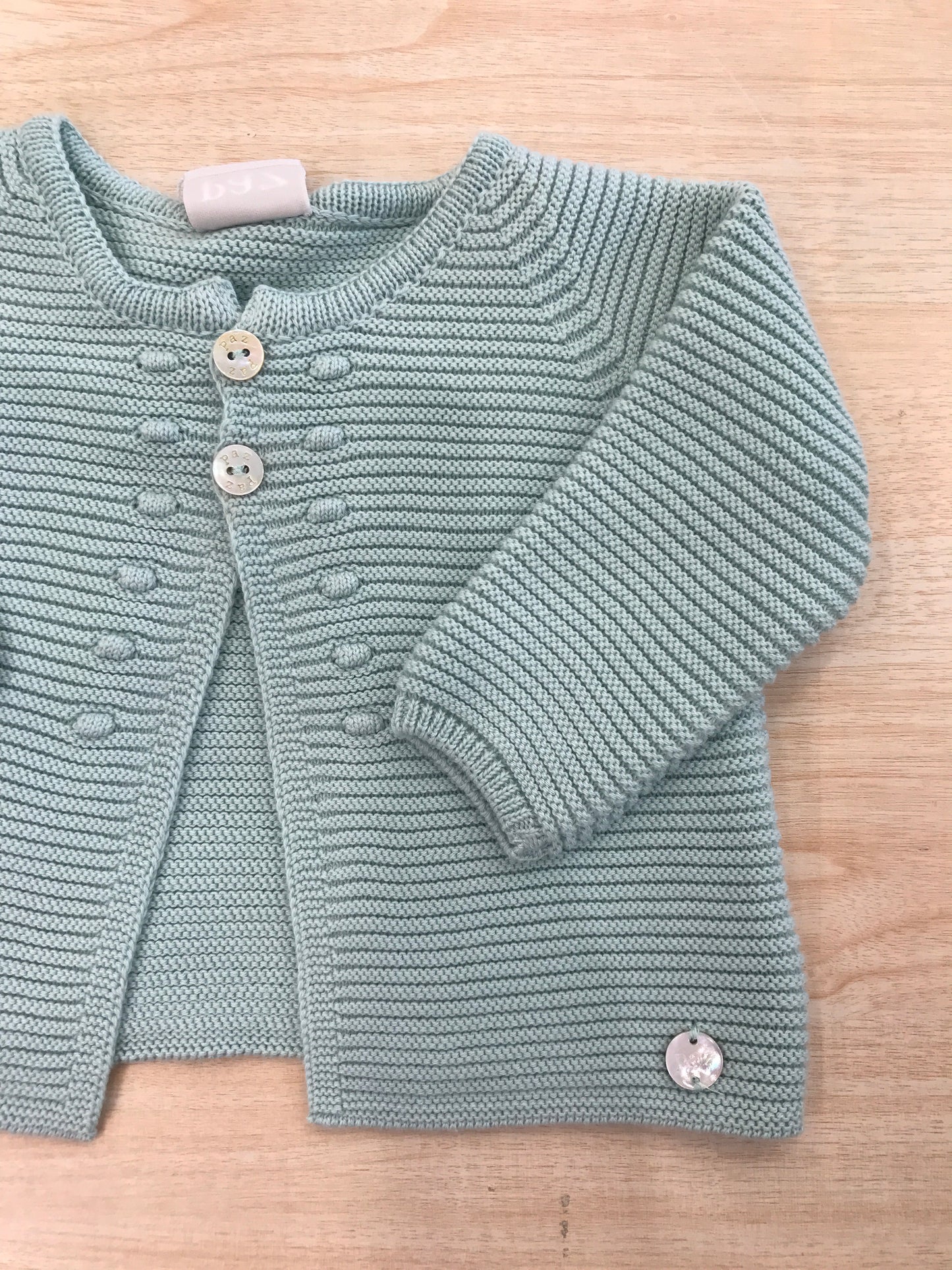 Cardigan Paz Rodriguez in filo verde manica lunga con due bottoncini e pois ricamati lateralmente alla chiusura